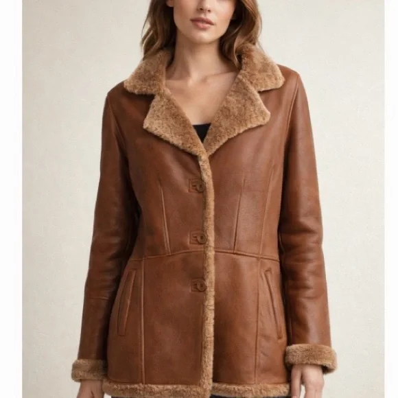 Brown Shearling Women's leather Jacket with faux fur wool - Picture 3 of 14